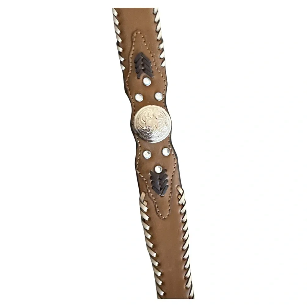 Womens Western Brown Leather Belt Small Concho Braided Laced Rhinestones Cowgirl